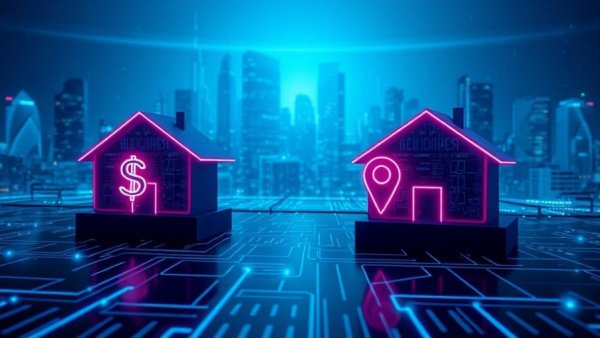 Futuristic real estate technology illustration with AI home search tools.