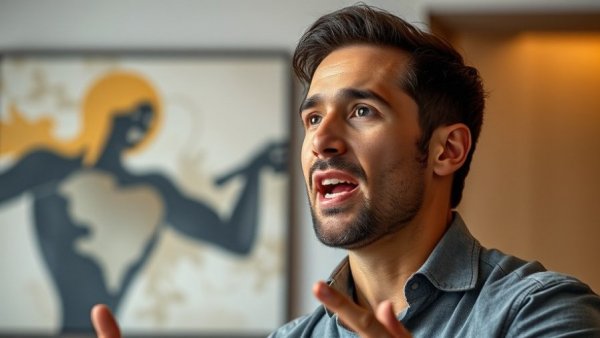 Confident speaker discussing rare trait builds wealth in modern setting.