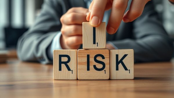 Close-up of stacked 'RISK' blocks, symbolizing real estate fraud management.