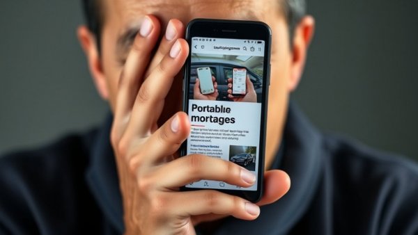 News headline about portable mortgages on smartphone screen.