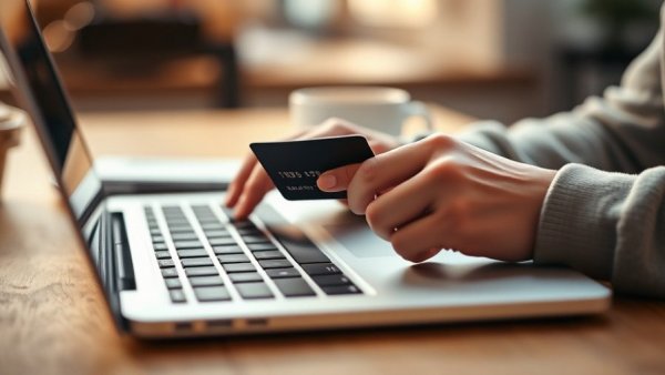 Focused person making online payment with laptop and credit card.