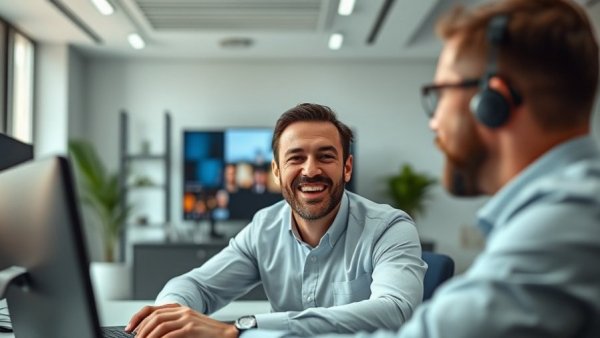 Smiling man in virtual meeting discussing AI innovations in real estate investment.
