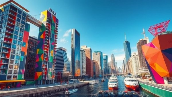 Abstract cityscape depicting Century 21 expansion in vibrant colors.