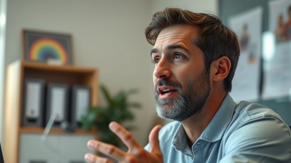 Focused man sharing insights in a calm office setting.