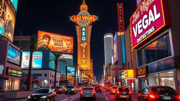Vibrant nighttime Las Vegas street scene for GetSocialSmart Mastermind.