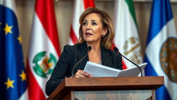 Nicki Minaj praises Donald Trump at podium with flags.