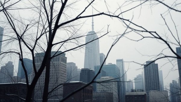 NYC heating law urban skyline with bare trees and cloudy sky.