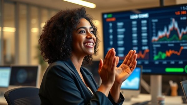 Energized woman discussing lead scores in real estate.