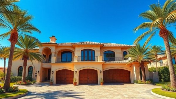 Luxurious Mediterranean home with palm trees against blue sky.