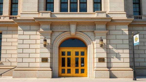 Imposing courthouse entrance with gold doors, Compass Zillow private listings.