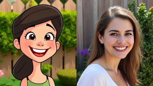 AI in personal branding and video production illustrated by an animated and real woman side by side.