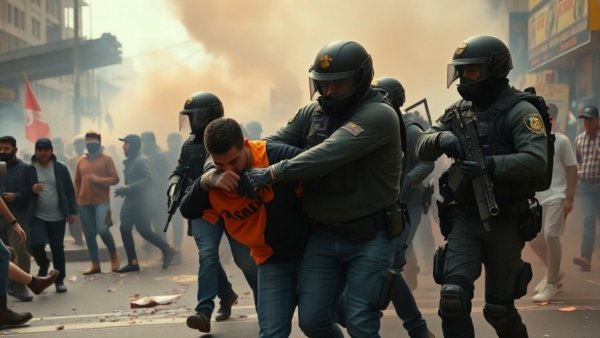 Protest scene with officers and civilian amid smoke, illustrating conflict.