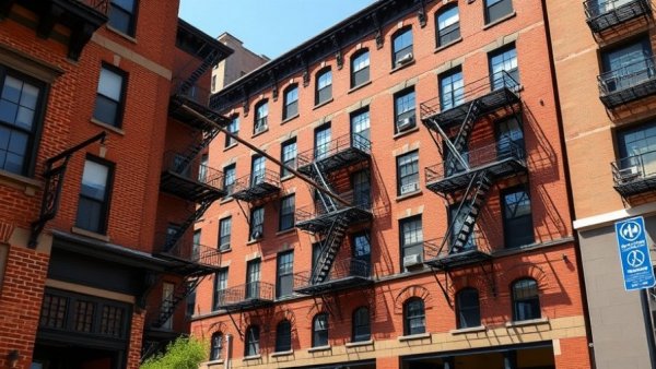 Historic apartment building with fire escapes on a sunny day.