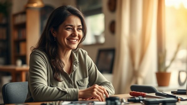 Smiling woman sharing tools every landlord needs, indoor setting.