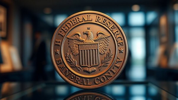 Bronze Federal Reserve emblem against glass background, December Rate Cut Federal Reserve.