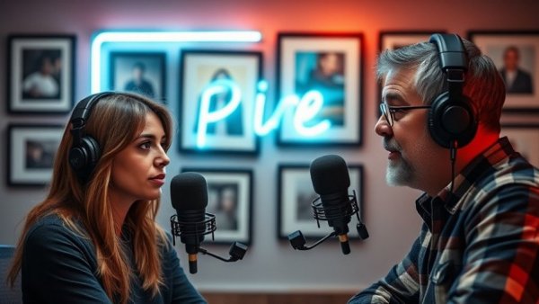 Podcast interview scene with framed wall art and neon backdrop for Win Probate Listings.