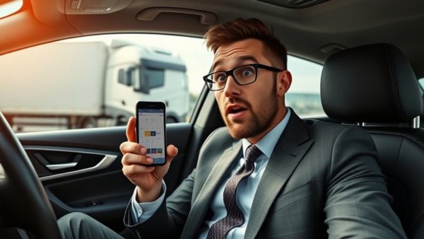 CEO reviewing schedule on phone in car, with truck outside.