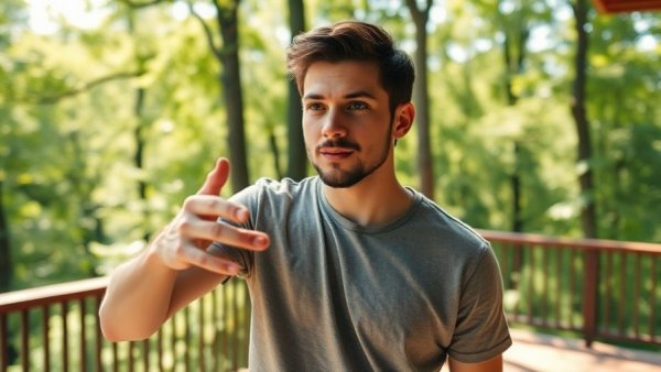 Man discussing tiny home rental income on a sunlit deck.