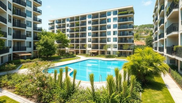 Modern condo complex with pool and garden, FHA approval inquiry.