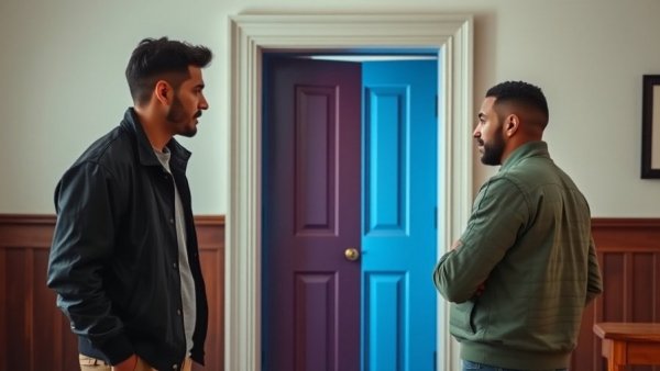 Casual conversation by a colorful secret door.