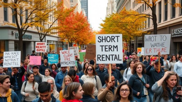 Protest against short-term rental in NYC, crowd with signs.
