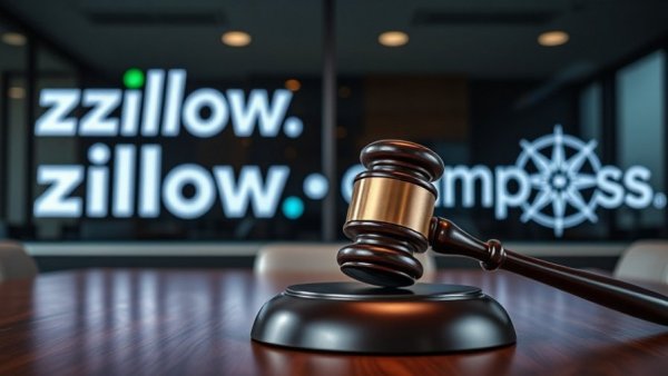 Gavel and Compass, Zillow logos suggesting legal context, Compass accused of providing false info to agents.