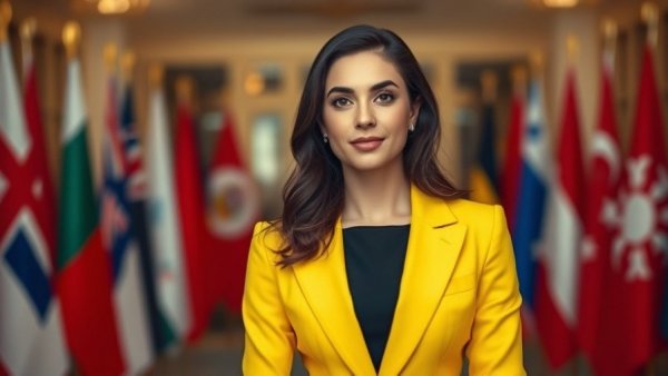 Portrait of a woman in a yellow blazer against national flags background.