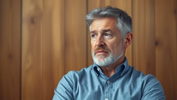 Middle-aged man discussing asset protection threats; wooden background.