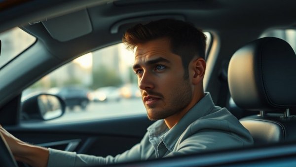 Man in car focused on city view, real estate investing inspiration.