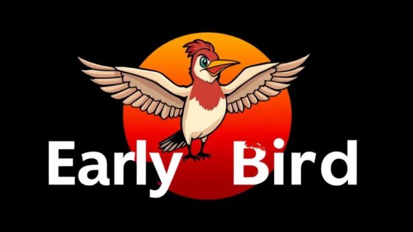 Early bird access graphic with red sun and white text