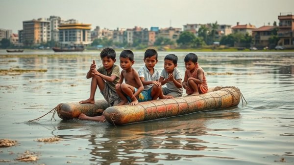 Children on raft in polluted river, child poverty report 2025 theme.