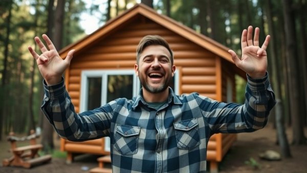 Man with $10,000 sign in front of tiny home in forest.