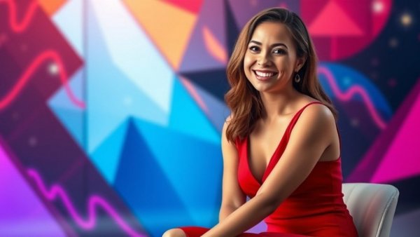 Confident woman smiling in modern digital background, Boutique Real Estate Approach in Northern Virginia.