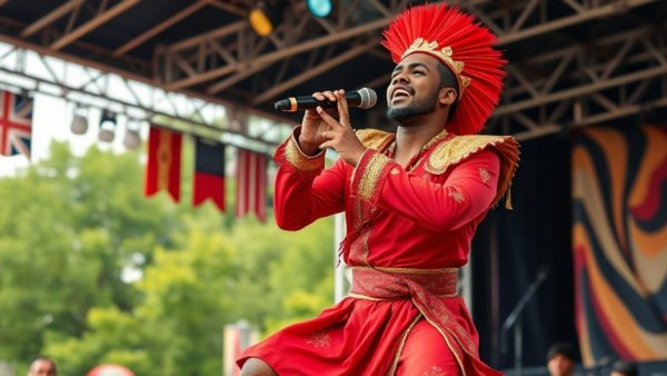 Energetic performer in red and gold at reggae music tribute event.
