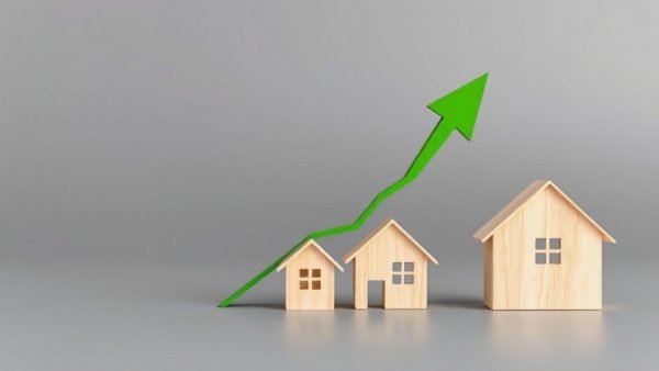 U.S. house prices rise Q3 2025 represented by wooden house models and green arrow.