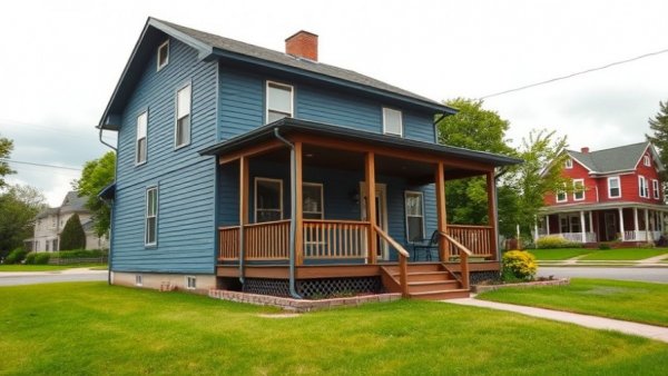 Charming suburban blue house on a bright day. Dry closing in real estate.