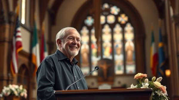 Elderly man speaking, emphasizing unity in diversity, at a church podium.