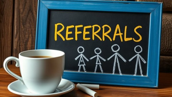 Chalkboard with 'REFERRALS' and cup, referral fee transparency concept.