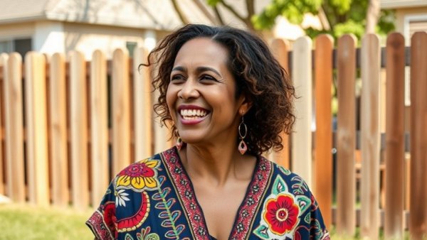 Cheerful woman outdoors in backyard, Black Friday marketing copy.