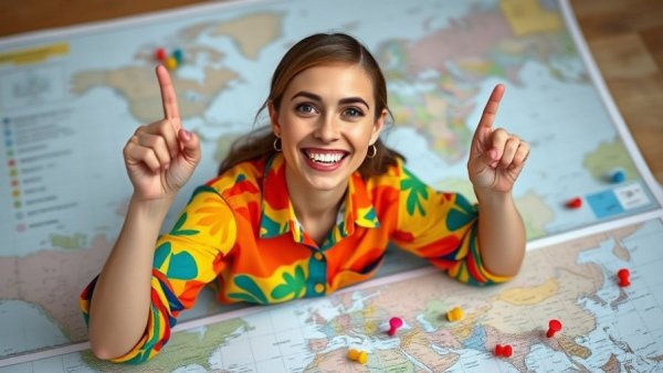Smiling woman planning content for 2026 with roadmap map and pushpins.