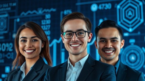 Portraits representing technology shaping real estate success, digital background.