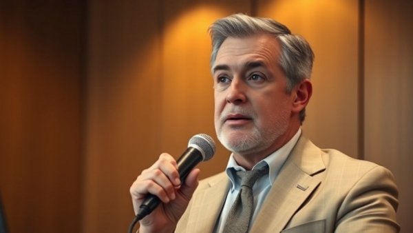 Middle-aged man giving business advice in a warmly lit studio; making money.