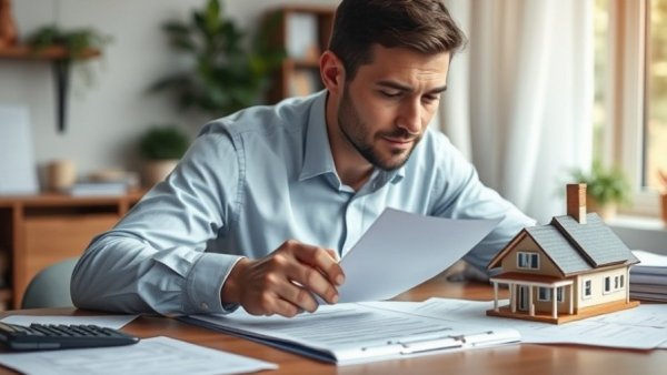 Man calculating mortgage strategies with house model on desk.