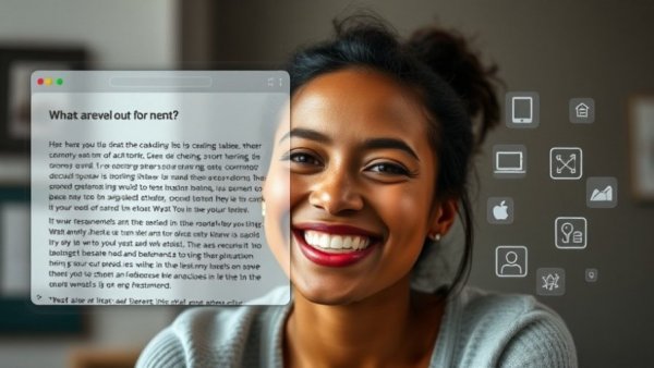 Smiling woman with Get Social Smart Academy webpage overlay on smartphone.
