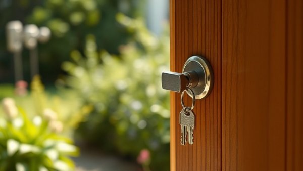 Close-up of a key in a door with garden view, best time for an open house.