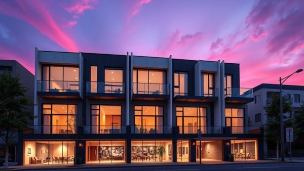 California infill housing development with commercial spaces at dusk.