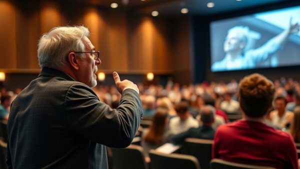 Engaging speaker in lecture hall discussing best economy for growth.