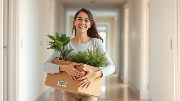 Smiling woman moving house, carrying a box and plant in a bright hallway.