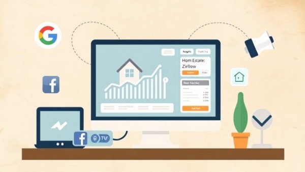 Illustration of digital real estate pre-sales with social media icons.