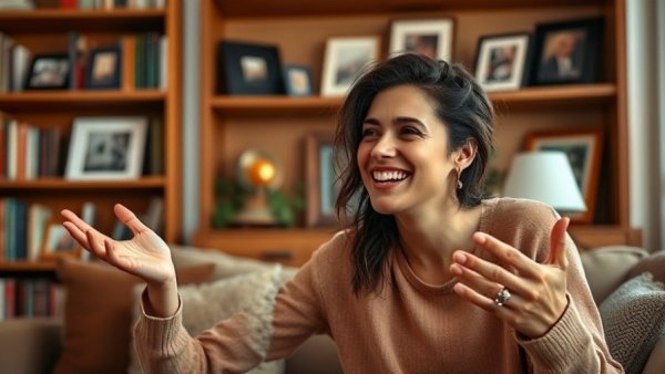 Smiling woman in a cozy room discussing real estate lead generation.